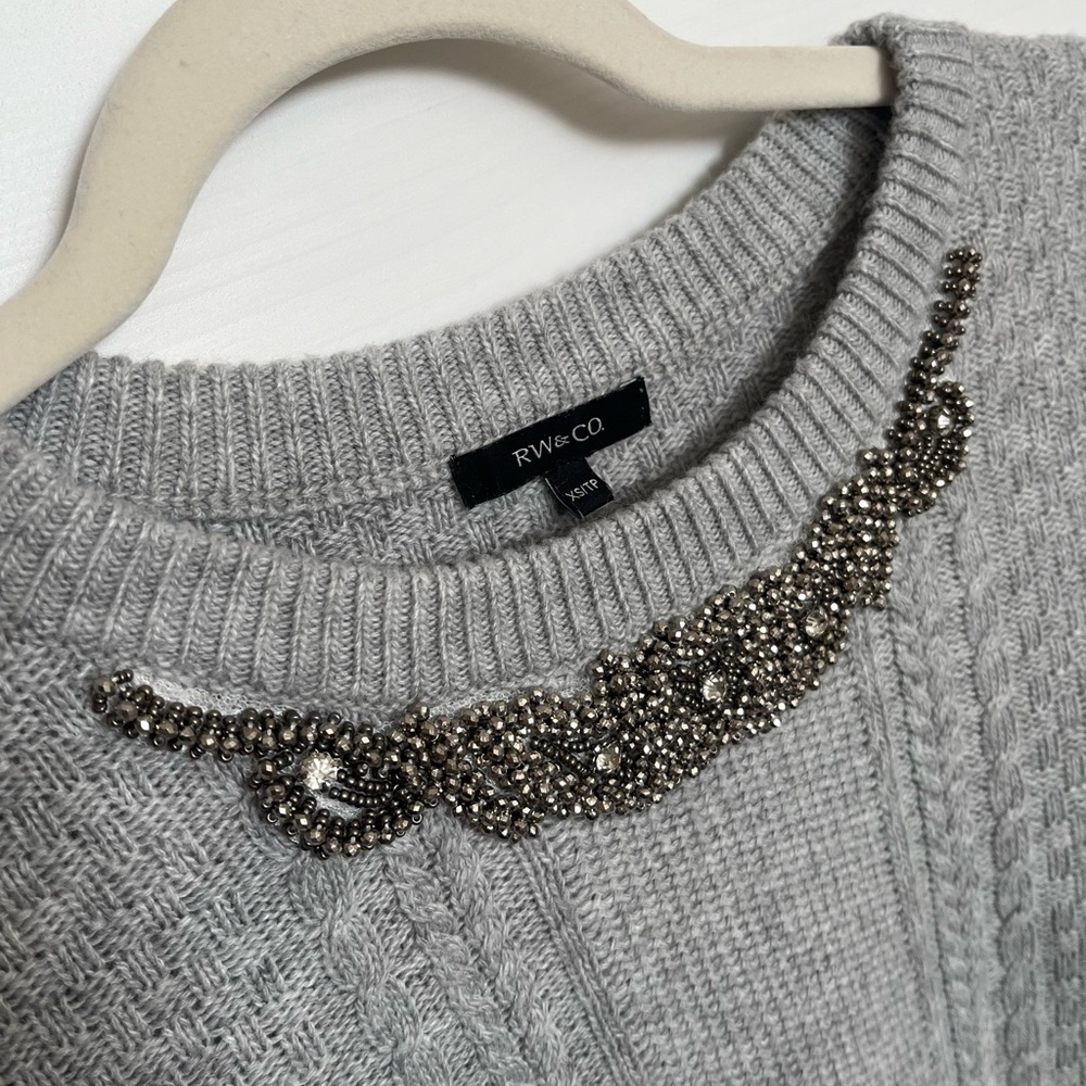 RW&CO gray sweater with jewel and beaded necklace detail. Size XS. EUC